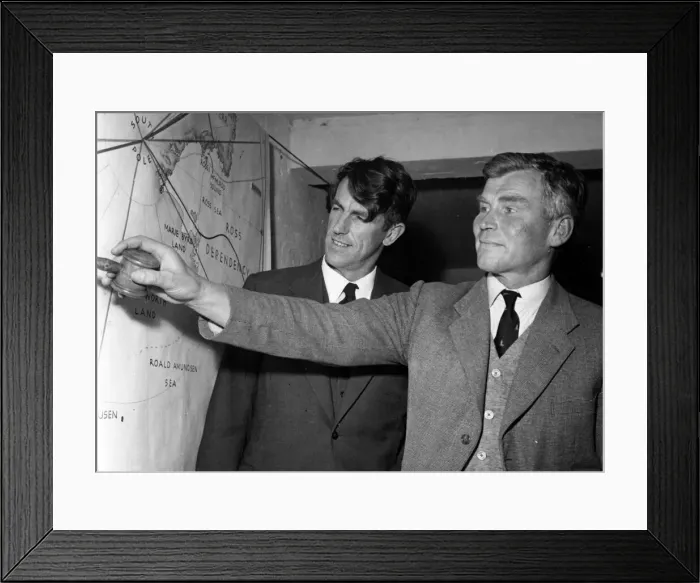 Framed Print : Explorers Sir Edmund Hillary of New Zealand (left) and Vivian Fuchs of Great Britain look