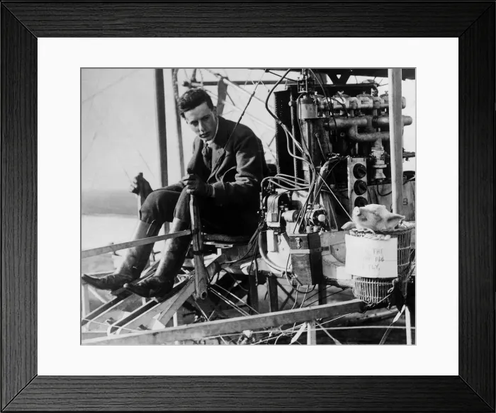 Framed Print : Colonel JTC Moore-Brabazon Britains first certified pilot taking a pig in a basket for a Framed Print : Colonel JTC Moore-Brabazon Britains first certified pilot taking a pig in a basket for a