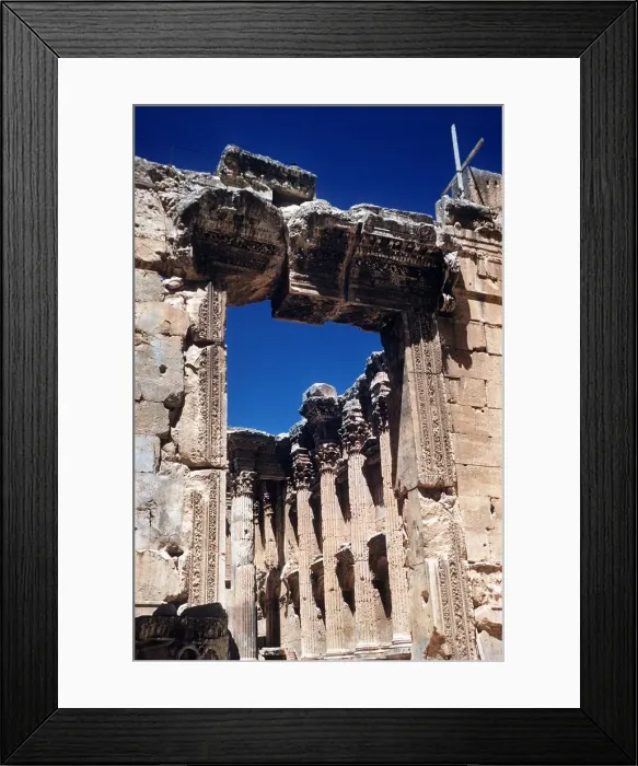 Framed Print : Entrance to temple of Bacchusat ruins in Baalbek in Lebanon