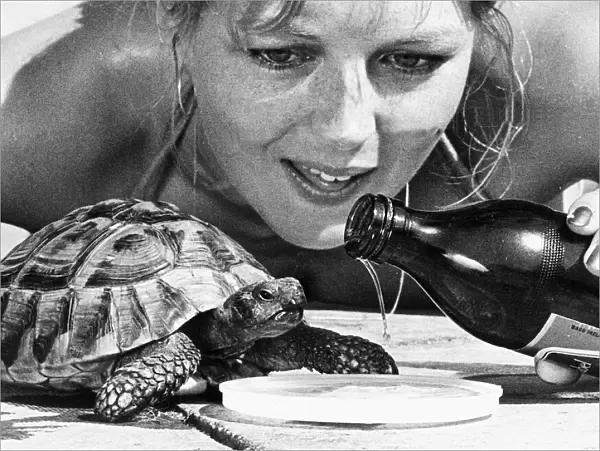 Shauna Kyle with her tortoise Nippy who drinks beer 1977