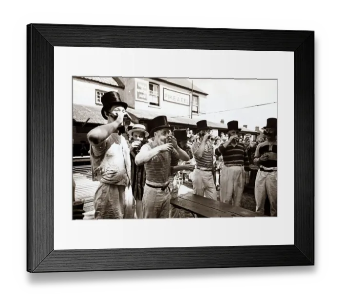 Framed Print : The Pike and Eel Public House - June 1947 Men in costumes wearing top hats Framed Print : The Pike and Eel Public House - June 1947 Men in costumes wearing top hats