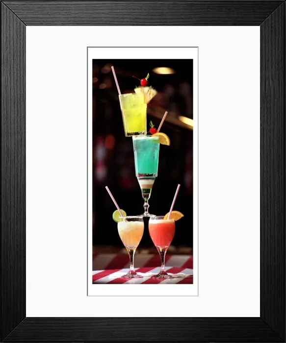 Framed Print : A selection of cocktails stacked into a tower on the bar September 1998 p
