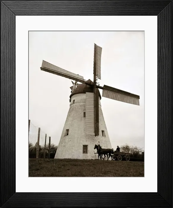 Framed Print : Horse and cart passing by a windmill in the English countryside circa 1950s