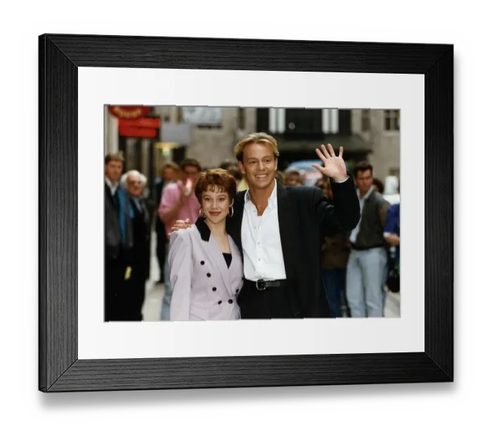 Framed Print : Linzi Hately actress with Jason Donovan at the London Palladium today where she is to Framed Print : Linzi Hately actress with Jason Donovan at the London Palladium today where she is to