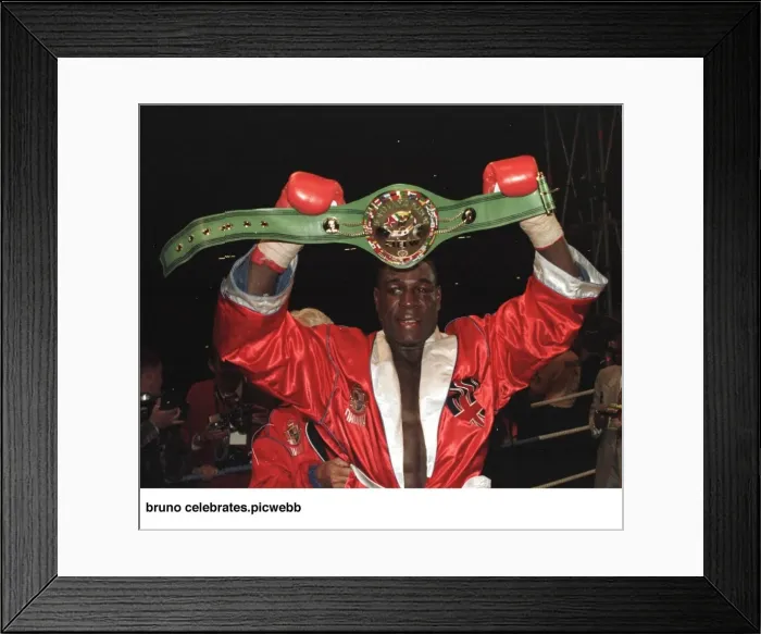 Framed Print : Frank Bruno celebrates after defeating Oliver McCall for the heavyweight title Framed Print : Frank Bruno celebrates after defeating Oliver McCall for the heavyweight title