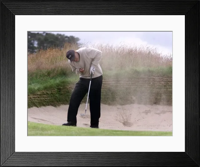 Framed Print : Tiger Woods The Open Championship golf 1999 Carnoustie caught by a sandstorm in Framed Print : Tiger Woods The Open Championship golf 1999 Carnoustie caught by a sandstorm in