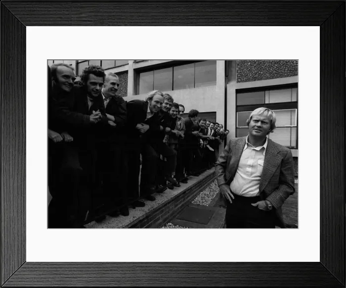 Framed Print : Jack Nicklaus golfer 1974 at golf clinic hands in pocket men leaning on rail Framed Print : Jack Nicklaus golfer 1974 at golf clinic hands in pocket men leaning on rail