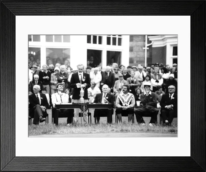 Framed Print : Nick Faldo British Golf during a speech after his victory at Muirfield The crowd