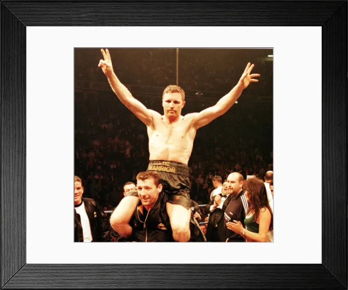 Framed Print : Steve Collins celebrates after beating Nigel Benn in the WBO middleweight fight in Framed Print : Steve Collins celebrates after beating Nigel Benn in the WBO middleweight fight in