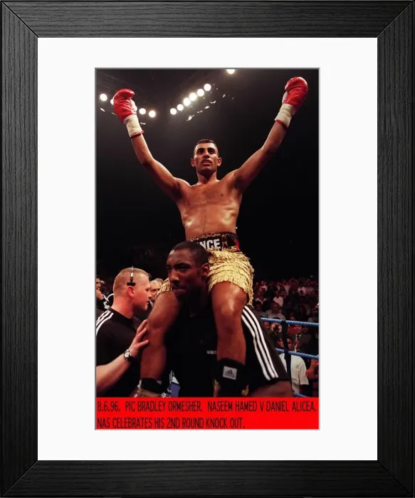 Framed Print : Prince Naseem Hamed boxer and WBO featherweight champion celebrates his 2nd round knock