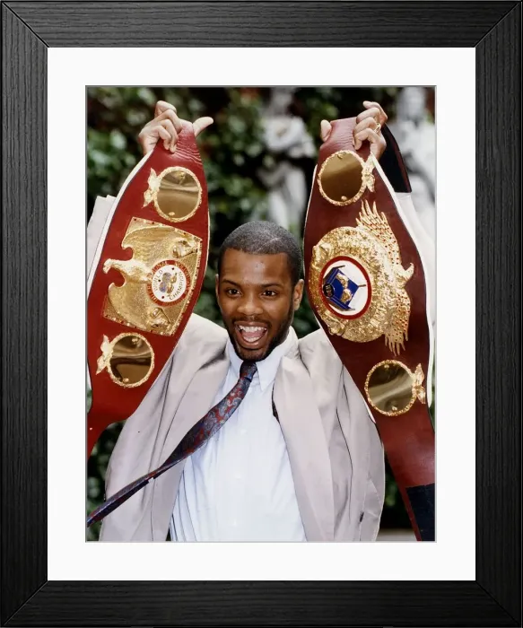 Framed Print : Duke McKenzie Boxing with World Champion Belt right and IBF World Champion Belt left