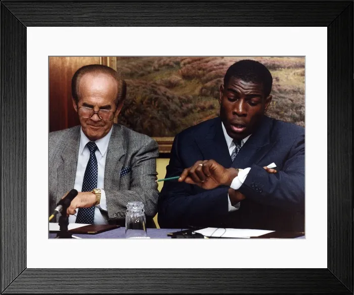 Framed Print : Frank Bruno Boxing Sitting at table with mickey duff after regaining his licence to box Framed Print : Frank Bruno Boxing Sitting at table with mickey duff after regaining his licence to box