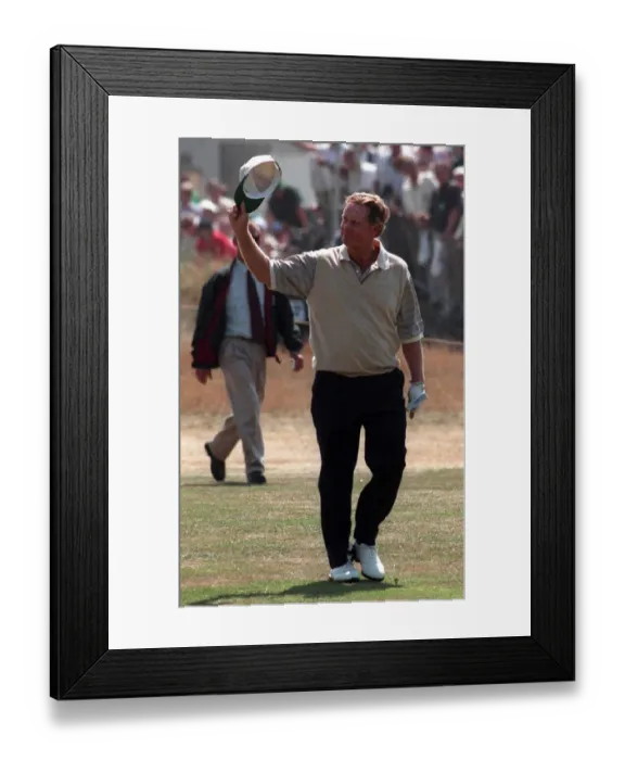 Framed Print : Jack Nicklaus Golfer waves to the crowd on the 18th during the second day at the British