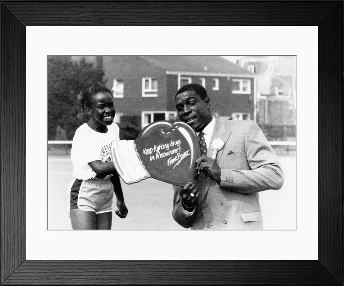 Framed Print : Frank Bruno Boxing with an anti drug message attended Westminster primary schools sports