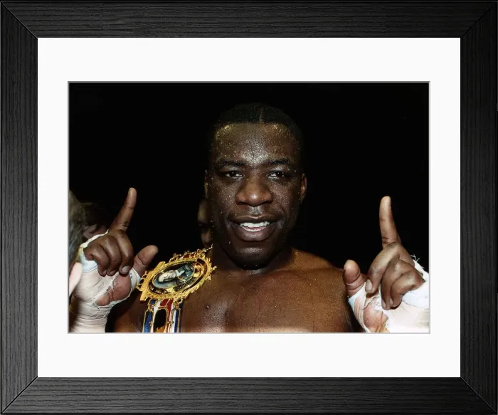 Framed Print : Gary Mason Boxer poses to camera after winning title
