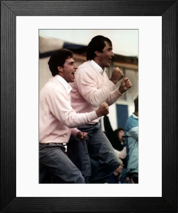 Framed Print : Sevvy Ballesteros golf player and Jose Maria Olazabal jump up as Torrence Framed Print : Sevvy Ballesteros golf player and Jose Maria Olazabal jump up as Torrence