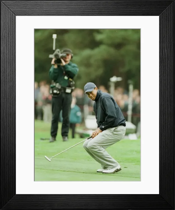 Framed Print : Tiger Woods watches a putt just miss the hole October 1998 during the 1998 World