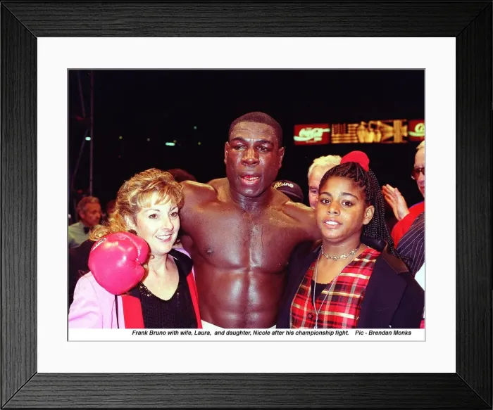 Framed Print : Frank Bruno WBC Heavyweight Champion is congratulated by his wife Laura after beating Framed Print : Frank Bruno WBC Heavyweight Champion is congratulated by his wife Laura after beating