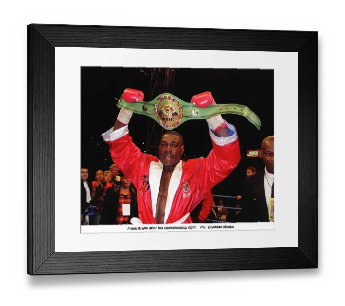 Framed Print : Frank Bruno hold aloft his WBC World Boxing Council Championship belt after defeating Framed Print : Frank Bruno hold aloft his WBC World Boxing Council Championship belt after defeating
