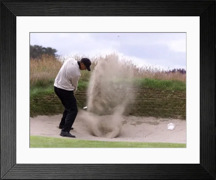 Framed Print : Tiger Woods Golf The Open Championship 1999 Carnoustie plays his way out of a bunker Framed Print : Tiger Woods Golf The Open Championship 1999 Carnoustie plays his way out of a bunker
