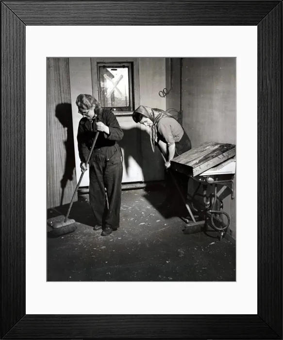 Framed Print : Cleaners inside a ship. Circa 1940