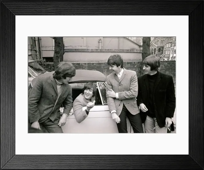 Framed Print : The Beatles by John Lennons car after he passed his L-test 15th february 1965