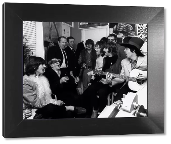 The Beatles in the Old Compton Street, Soho with street busker Bill Davis