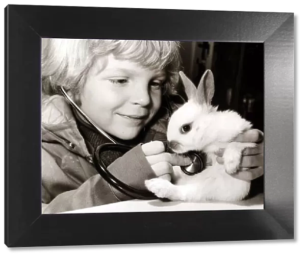 A young boy examines his rabbit, using a stethoscope to listen for a heartbeat