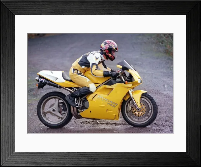 Framed Print : Ducati 748 Motorbike suits December 1998 Frank Thomas Leathers