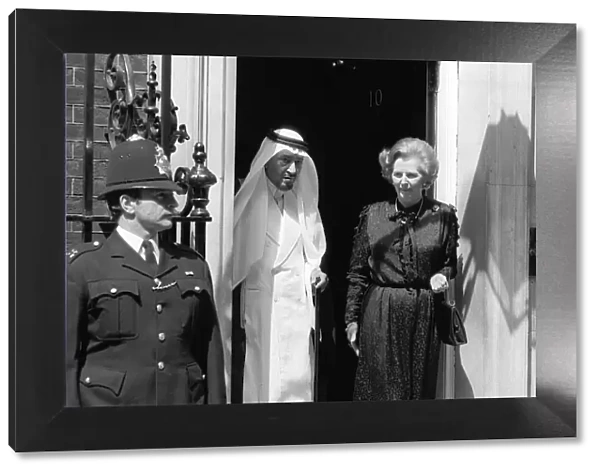 Margaret Thatcher June 1981 stands outside 10 Downing Street with King Khaled of Saudi