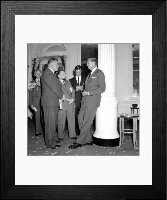 Framed Print : Gary Cooper at the Savoy hotel, speaking to journalists press reception