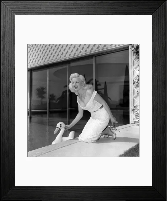 Framed Print : Actress Diana Dors with an inflatable swan as she poses by a swimming pool at cannes film Framed Print : Actress Diana Dors with an inflatable swan as she poses by a swimming pool at cannes film