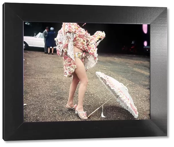 Royal Ascot 1968 fashion Tandy Cronin actress wearing flower covered outfit knickers hat