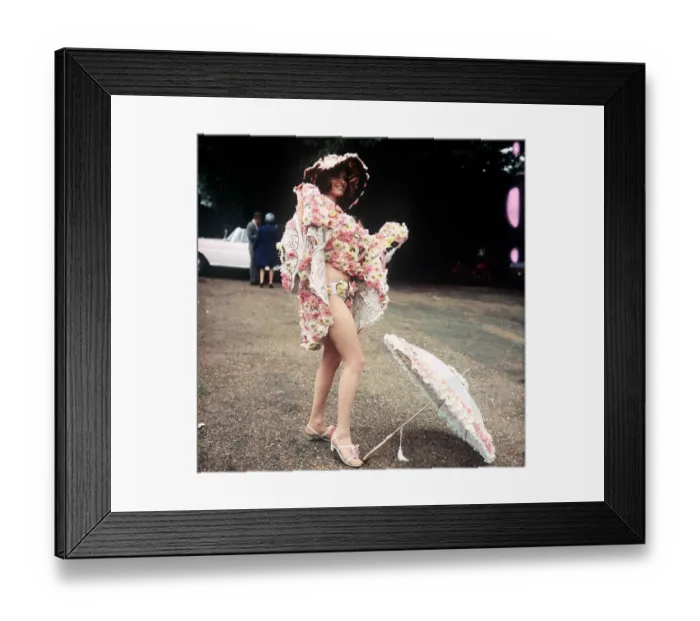 Framed Print : Royal Ascot 1968 fashion Tandy Cronin actress wearing flower covered outfit knickers hat