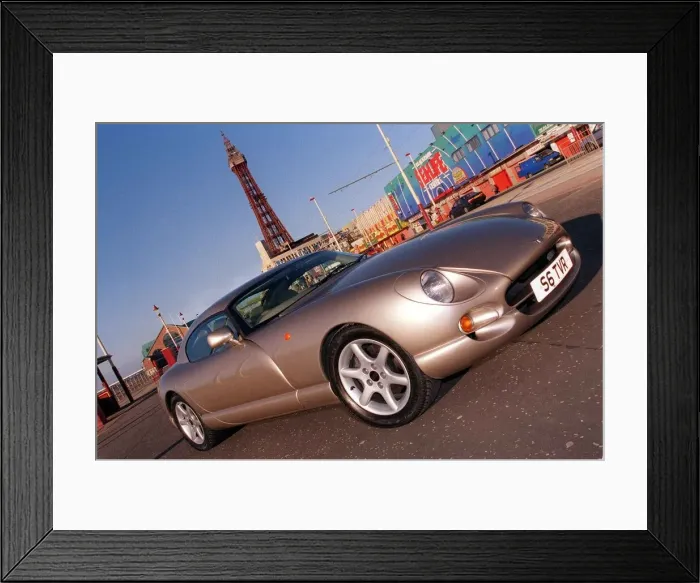 Framed Print : TVR car February 1999 Road Record TVR speed six in Blackpool Tower in background