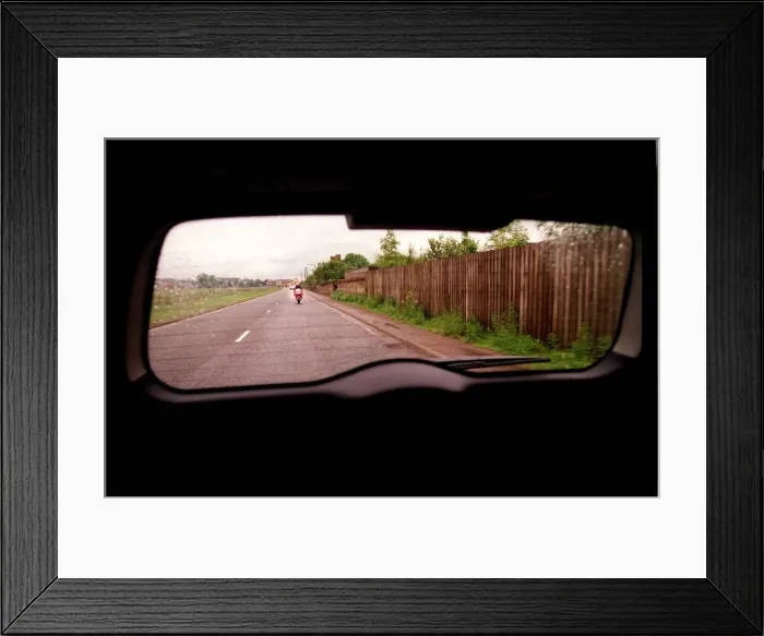 Framed Print : Green Vauxhall Astra van July 1999 with red Honda motorbike