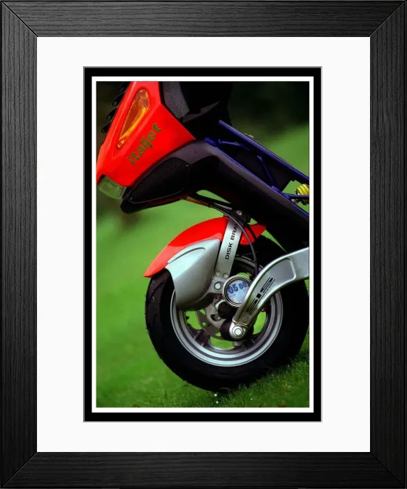 Framed Print : Italjet scooter July 1999 for Road Record supplement red blue bike wheel