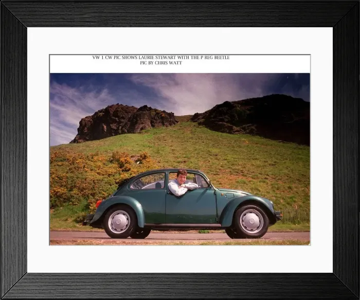 Framed Print : Laurie Stewart with P registration Volkswagen Beetle leaning out of car Framed Print : Laurie Stewart with P registration Volkswagen Beetle leaning out of car
