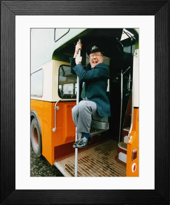Framed Print : Andy Cameron having fun on a double decker bus March 1993 Framed Print : Andy Cameron having fun on a double decker bus March 1993
