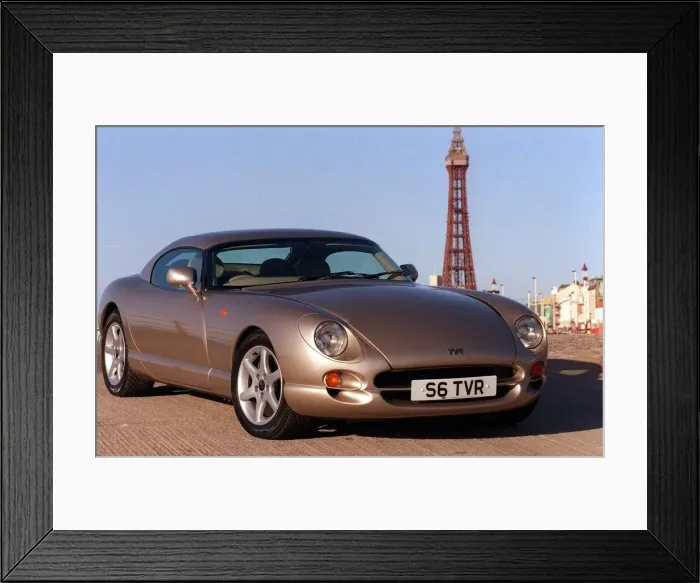 Framed Print : TVR car February 1999 Road Record TVR speed six in Blackpool Tower in background
