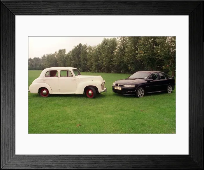 Framed Print : GEORGE SHIELDS 11th September 1998 WITH HIS 1947 VAUXHALL WYVER AND A 1998 VAUXHALL Framed Print : GEORGE SHIELDS 11th September 1998 WITH HIS 1947 VAUXHALL WYVER AND A 1998 VAUXHALL
