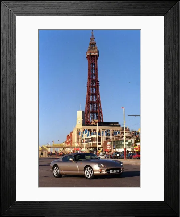 Framed Print : TVR car February 1999 Road Record TVR speed six in Blackpool Tower in background Framed Print : TVR car February 1999 Road Record TVR speed six in Blackpool Tower in background