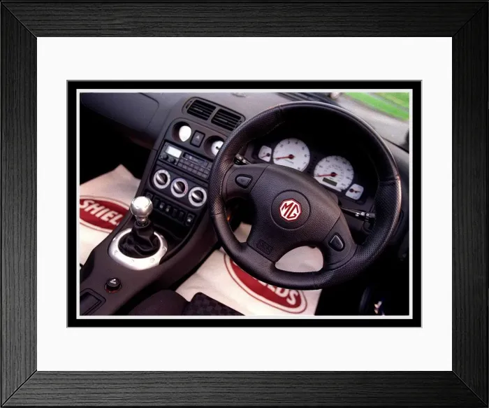 Framed Print : MG MGF December 1999 Steering wheel dashboard interior cockpit MG logo badge