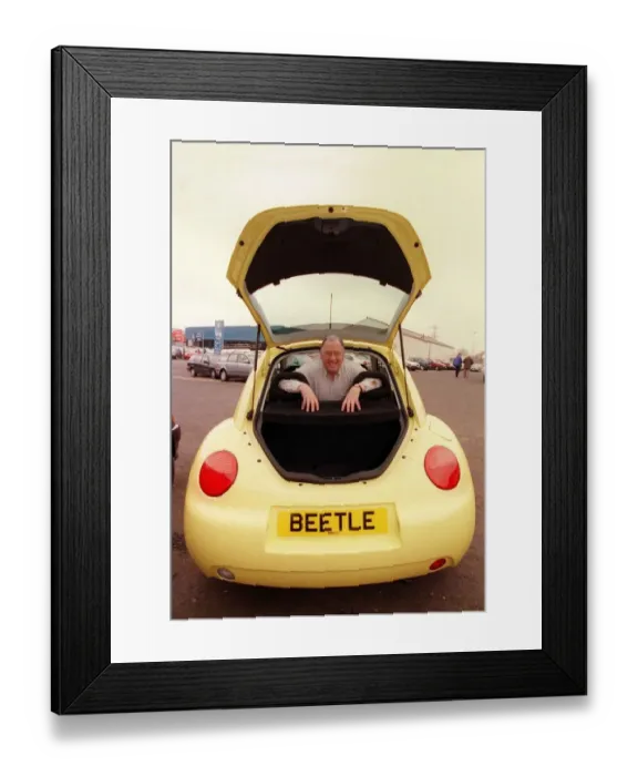 Framed Print : Comedian Andy Cameron April 1999 sitting inside a Volkswagen Beetle Framed Print : Comedian Andy Cameron April 1999 sitting inside a Volkswagen Beetle