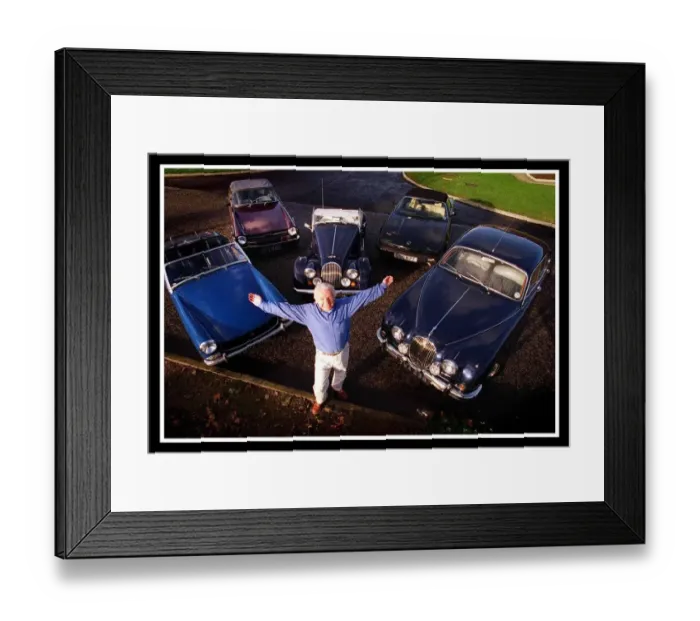Framed Print : Alan Dickson Jaguar cars December 1999 with his five cars Morgan Roadster MG Midget