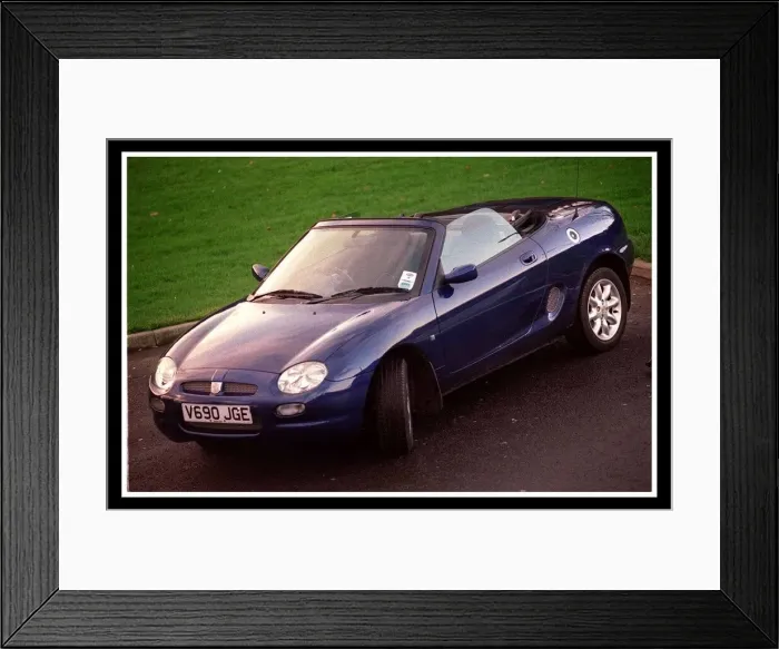 Framed Print : Blue MG Car November 1999 convertible hood down Framed Print : Blue MG Car November 1999 convertible hood down