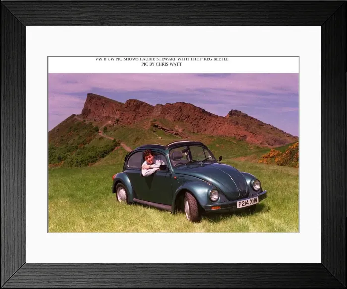 Framed Print : Laurie Stewart sitting in P registration Volkswagen Beetle car Framed Print : Laurie Stewart sitting in P registration Volkswagen Beetle car