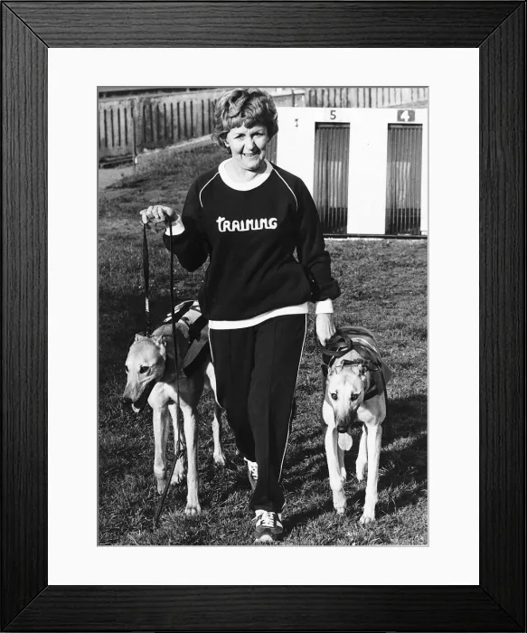 Framed Print : Lynne Perrie Actress pictured with her two Greyhounds June 1980
