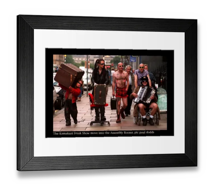 Framed Print : Kamakaze theatre of pain august 1997 Freak show walk along streets of edinburgh to Framed Print : Kamakaze theatre of pain august 1997 Freak show walk along streets of edinburgh to