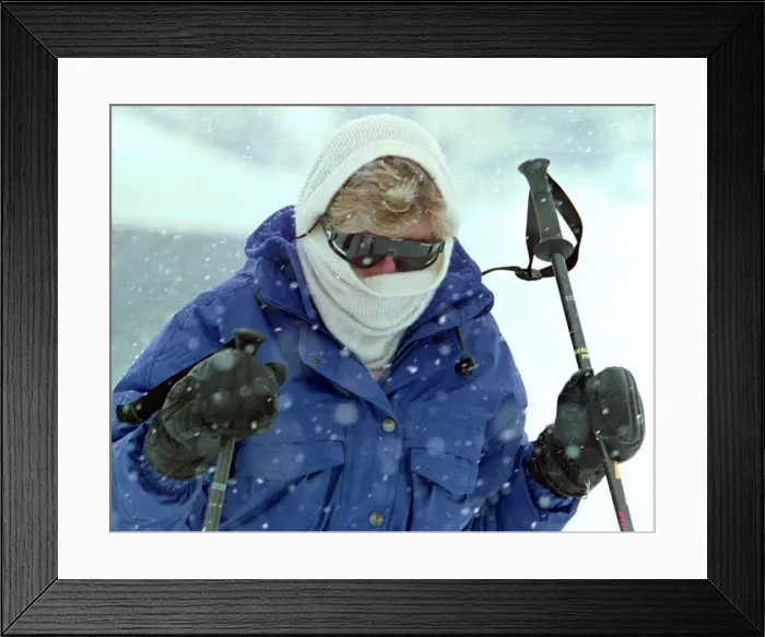 Framed Print : Diana, Princess of Wales has her face totally covered during a snow blizzard on her
